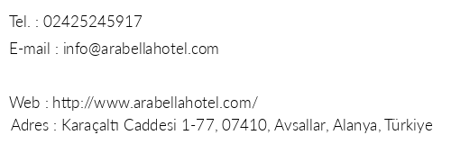 Arabella World Hotel telefon numaralar, faks, e-mail, posta adresi ve iletiim bilgileri